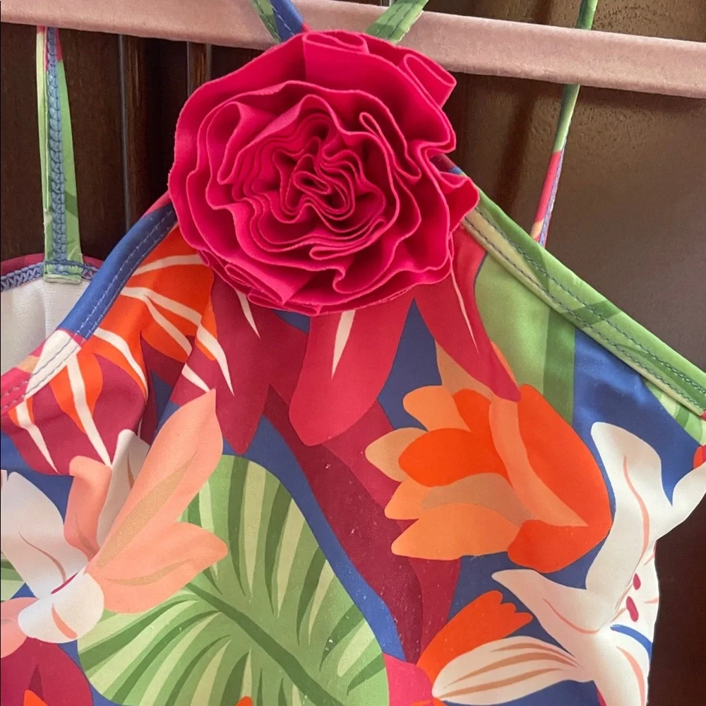 Janie and Jack Bright Floral One-Piece Swimsuit with Pink Rosette